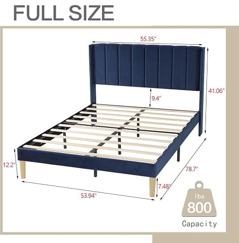 AGARTT Upholstered Platform Bed Frame Full Size with Headboard and Footboard/Wooden Slats Support/No Box Spring Needed/Easy Assembly,Blue Velvet thumbnail 2