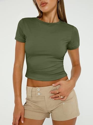AUTOMET Women's 3 Pack Short Sleeve Shirts | Buttery Soft Slim Fitted Crop Tops, Stretchy Basic Tees for Summer, Layering & Everyday thumbnail 2
