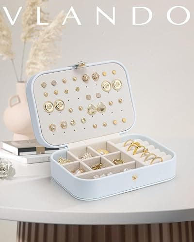Vlando Travel Jewelry Case, PU Leather Travel Jewelry Box with Earring Holder, Portable Display Mini Jewelry Case for Mothers Day Women Girls Gift - Blue thumbnail 4