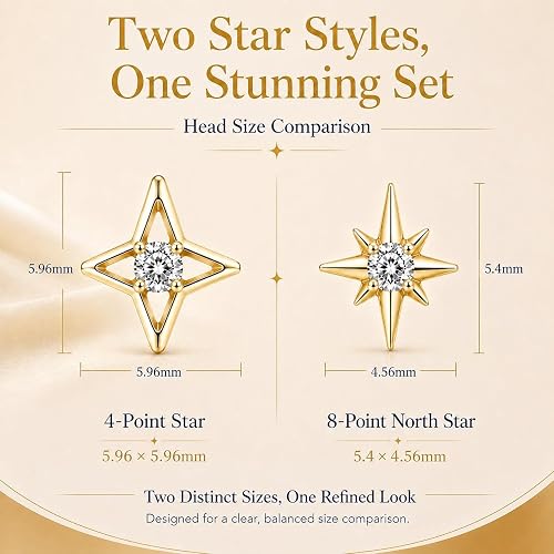 VerveVanguard 2 Star Styles & 3 Post Lengths, 14K Gold Filled Flat Back Piercing Set, 4-Point & 8-Point CZ Studs, 18G 6mm 7mm 8mm Jewelry for Ear Nose Lip with Gripper Tool & Insertion Pin thumbnail 2