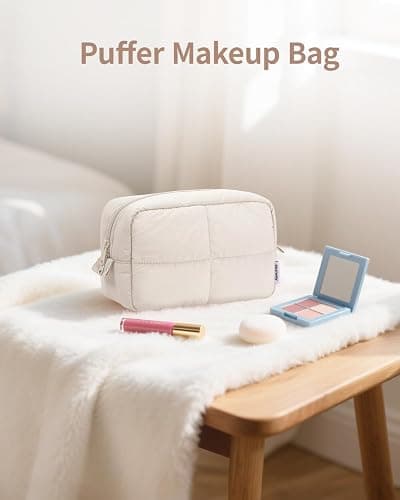 Narwey Puffy Makeup Bag for Travel Women Girl, Quilted Makeup Bag Cosmetic Bag, Cute Puffer Make up Organizer Bags, Travel Toiletry Bag Toiletries (Beige) thumbnail 6