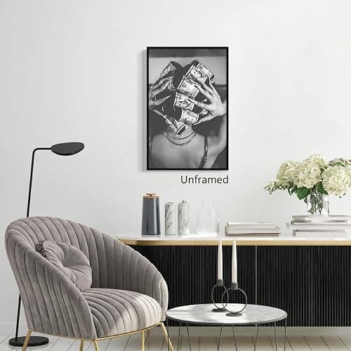 Woman with Money on Head Poster, Luxury Fashion Black and White Canvas Wall Art, Monochrome Style Girly Dorm Aesthetic Poster, Groovy Feminine Photography Print for Bedroom 12x16in Unframed thumbnail 2