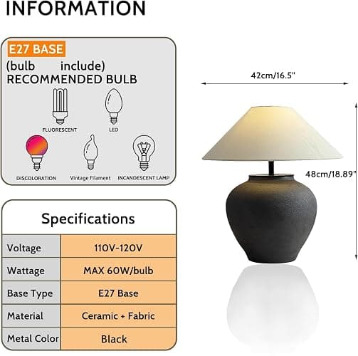 Farmhouse Table Lamps Black 18.8" Tall Ceramic Table Lamp Rustic Southwestern Clay Pot Ceramic Lampshade with Fabric Shade Bedside Nightstand for Living Room Bedroom House Office Entryway (Black) thumbnail 6