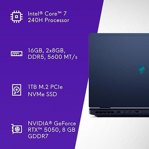 Alienware 16 Aurora Gaming Laptop AC16250-16" WQXGA 120Hz Display, Intel Core 7-240H Processor, 16GB DDR5 RAM, 1TB SSD, NVIDIA GeForce RTX 5050 8GB Graphics, Windows 11 Home, Onsite Service - Blue thumbnail 11