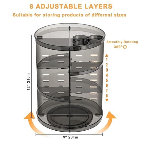 Rotating Makeup Organizer, DIY 8 Adjustable Layers Spinning Skincare Organizers, 360 Cosmetic Display Case with Brush and Perfume Holder, Makeup Desk Storage Carousel for Vanity Bathroom Countertop thumbnail 3
