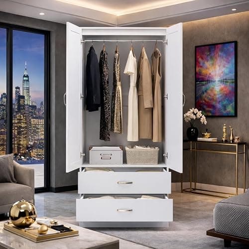 Harmin White Gloss Mirrorred 2 Door Soft close wardrobe with 2 drawers - height 180 cm x width 76 cm x depth 47 cm thumbnail 2