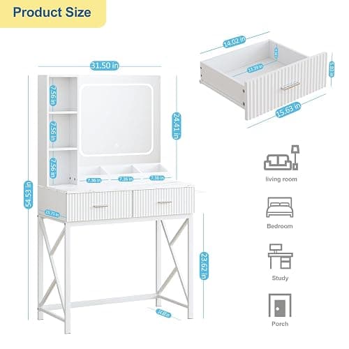 SONGXIN Vanity Desk with Mirror and Lights 3 Colors, Makeup Vanity with 2 Drawers and Storage Shelves, White Vanity Table with Power Outlet, Hair Dryer Holder, Makeup Desk for Bedroom thumbnail 2