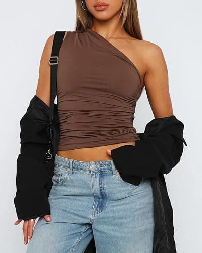 zhaistar Women's One Shoulder Tank Top Sleeveless Ruched Slim Fit Y2K Basic Going Out Crop Tops thumbnail 4