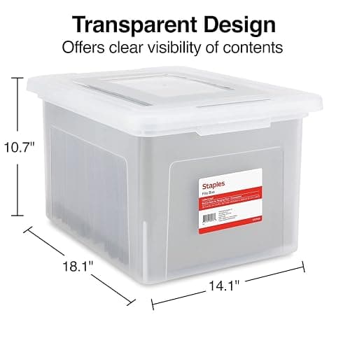 STAPLES Hanging File Folder Box, Storage Bin Organizer, Snap Lid, Letter & Legal Size Documents, Clear thumbnail 3