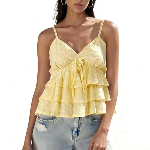 Women Floral Babydoll Tank Top Teen Girl Fairy Ruffle Cami Spaghetti Strap V Neck Boho Crop Top - Image 1