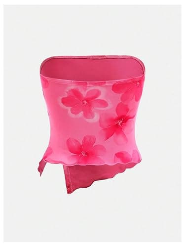 Milumia Girl's Floral Ruched Tube Top Strapless Lettuce Trim Split Hem Bandeau Tops thumbnail 2