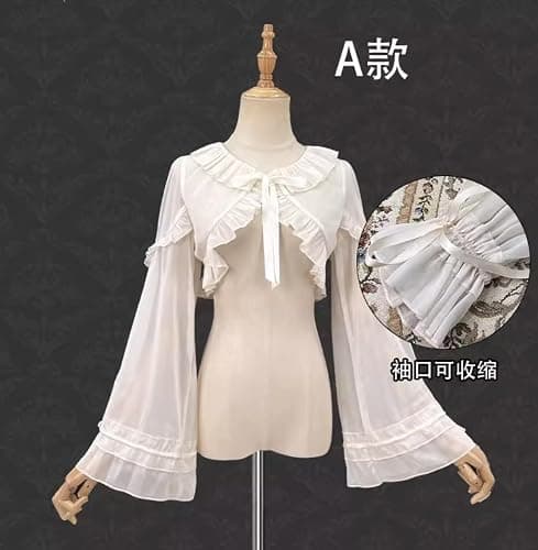Long Sleeve Lolita Blouses Women Peter Pan Collar Victorian Shirt Vintage Kawaii Lace Up Frilly Tops Trendy Bottoming Shirt thumbnail 4