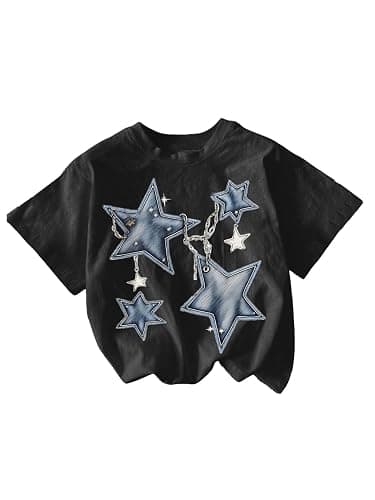 RoseSeek Girl's Geometric Star Graphic Tee Tops Casual Summer Short Sleeve Crew Neck T Shirt - Image 1