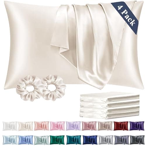 Vielit Standard Satin Pillowcase for Hair 4 Pack, Similar to Silk Pillow Cases, Easier Care Than Silk Pillowcase, Gifts for Women Men - Beige, 20x26 & Envelope Closure and 2 Satin Scrunchies - Image 1