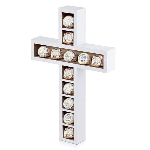Teenyyou Baseball Ring Holder Display Case 12 Posts Softball Championship Ring Holder 9 x 14 Inches Wall Mount Cross Wooden Shadow Box for Storing Sports Champion Souvenirs - Image 1