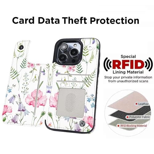 uCOLOR Compatible with iPhone 15 Pro 6.1" Wallet Case with Card Holder Slot Folio Flip PU Leather Kickstand Double Magnetic Clasp and RFID Blocking Design Cover 6.1 Inch (Pink Flowers) thumbnail 3