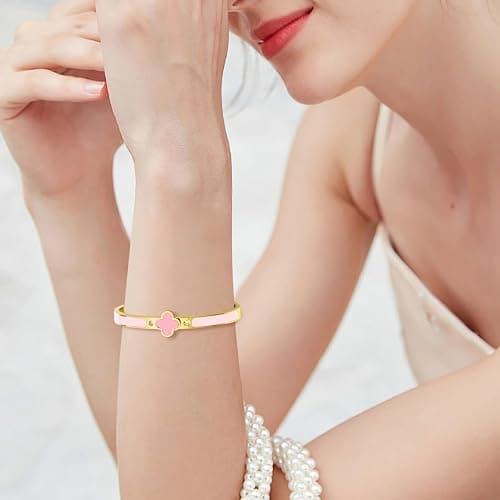 ⭐️KYJAC Clover Bracelets for Women Gold and Silver Chunky Oval Clover Bangle | 18k Gold Plated Stainless Steel,Precision Polished Non Tarnish,Black/White/Red/Pink/Orange Clover Bracelet Gifts for Women thumbnail 2