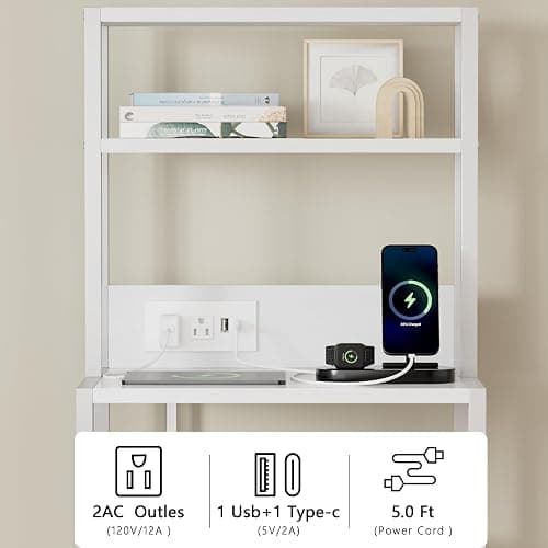 Furnulem Night Stand, Tall White Nightstand with 4-Tier Shelves, 2 PU Fabric Drawers and Light Tube, Bed Side Tables with Charging Station, Bedside Table for Bedroom thumbnail 7