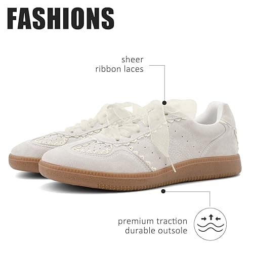 UBWDU Lace Fashion Ballet Sneakers for Women 2025 – Trendy Cute Crochet Ribbon Lace-Up Casual Spring Shoes - 8.5 - Beige thumbnail 6