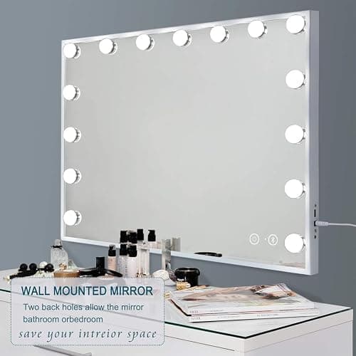 Fenair Makeup Mirror with Lights and Bluetooth Speaker Support Answer Call Hollywood Vanity Mirror, Touch Screen, 3 Color Modes Frameless Tabletop Mirror with 15 Dimmable Bulbs (White) - B-white-bluetooth thumbnail 7