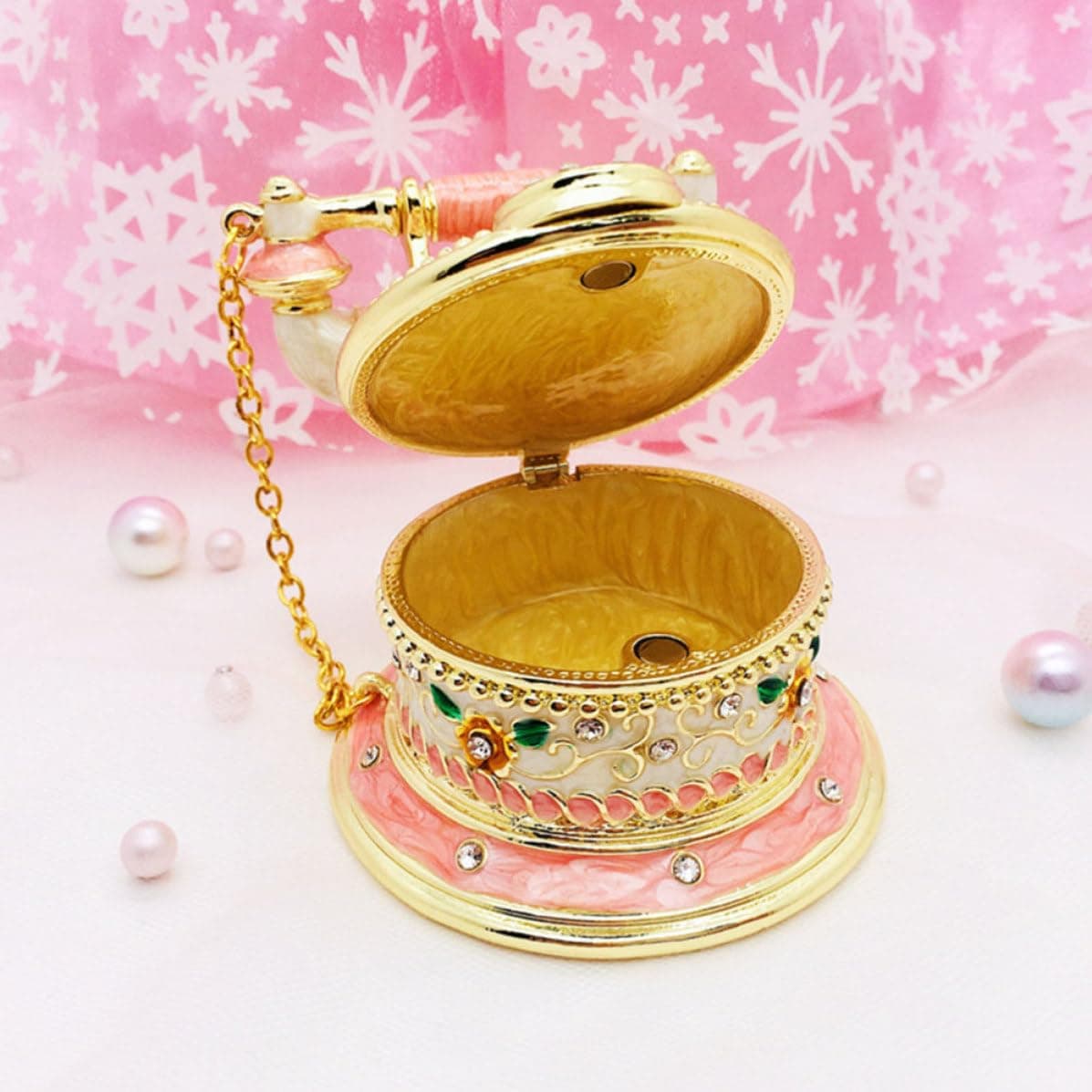 Ipetboom Jewelry Box Pink Telephone Shaped with Alloy Rhinestones Vintage Lightweight Trinket Organizer for Rings, Necklaces and Earrings Table Decor for Home thumbnail 6