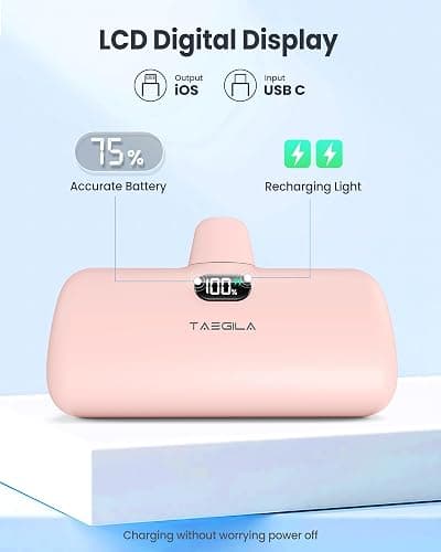 Taegila 5000mAh Portable Charger with Built-in Cable, MFi Certified Compact Power Bank, LCD Display and LED Lights, Suitable for iPhone Series 14/13/12/11/XR/X/SE/8/7/6 Pro Max (Pink) thumbnail 4