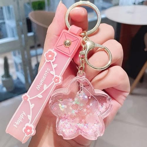 Fishjhan Cute Keychains for Women Girl Kawaii Car Keys Accessories Liquid Flower Water Backpack Keychain - Pink thumbnail 2