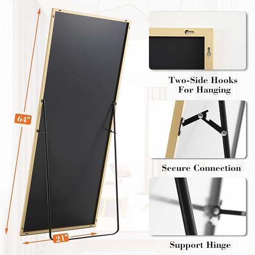 DUMOS Full Length Mirror with Stand 64"x21" Floor Standing Aluminum Frame for Bedroom Body Hanging Leaning Modern Simple Home Decor Shatter-proorf Nano Glass Wall Living Room Cloakroom Gold thumbnail 2