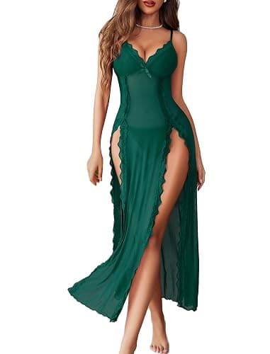 Avidlove Women Lingerie Lace Babydoll Chemise Sexy Mesh Nightdress V Neck Nightwear Side Split Nightgown - Image 1