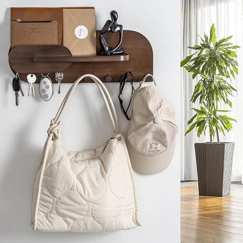 Solid Wood Mail and Key Holder for Wall Decorative Display - Includes Mail Holder, Shelf with Hooks for Keys & Pegs for Hanging Hats, Coats, Bags, Backpacks & More - Sleek Modern Design, Walnut Brown thumbnail 2