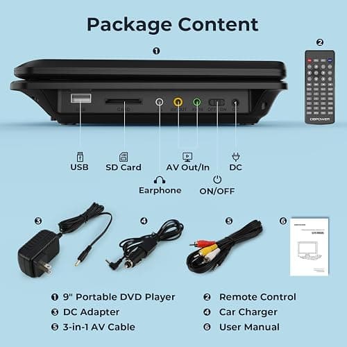 DBPOWER 11.5" Portable DVD Player, 5-Hour Built-in Rechargeable Battery, 9" Swivel Screen, Support CD/DVD/SD Card/USB, Remote Control, 1.8 Meter Car Charger, Power Adaptor and Car Headrest (Black) thumbnail 8