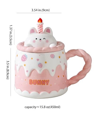 GawmFoiuy Adorable Cake Ceramic Coffee Mug - Elegant Birthday Gift for Women and Girl, Cute Rabbit Cup with Sweet Design, Perfect Present for Her Daily Tea & Coffee(Model A) thumbnail 3