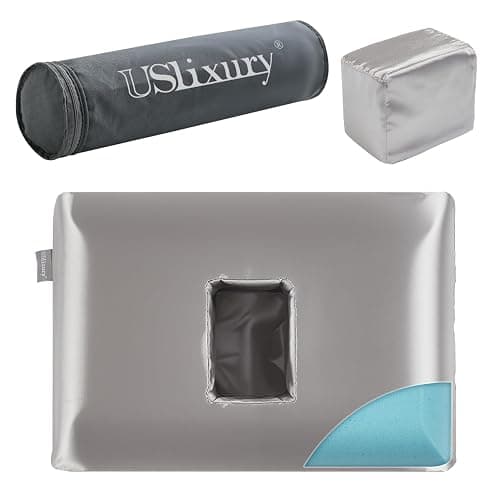 USlixury® Ear Piercing Pillow for Side Sleepers with Off-Center Hole | Large 4.7x3.2" Off-Center Hole Fits Most Necks for Ear Pain/CNH, Memory Foam, Champagne Satin Case and Foam Plug, 16x11x4" - Image 1