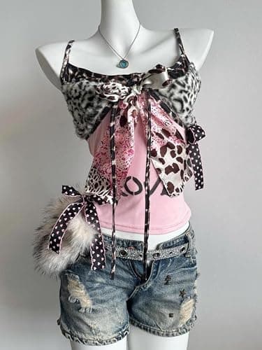 Xiulaiyi Gyaru Scene Clothes Vintage Harajuku Tank Tops Y2k Whimsy Twee Leopard Print Cami Scenecore Camisole thumbnail 3