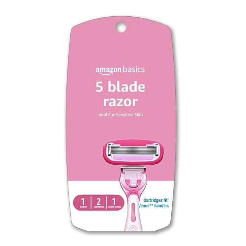 Amazon Basics Women's 5 Blade FITS Razor for Women, FITS Amazon Basics FITS Handle and Venus Handles, Includes 1 FITS Handle, 2 Cartridges & 1 Shower Hanger - Pink - 2 Count (Pack of 1) - Image 1