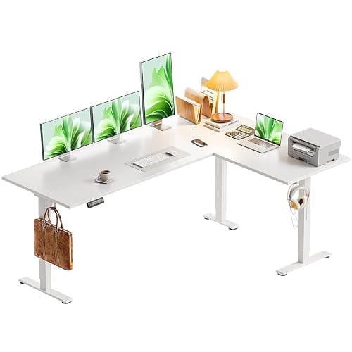 OffiGo L-förmig Höhenverstellbarer Schreibtisch, 160 x 120 cm Schreibtisch Höhenverstellbar Elektrisch, Eckschreibtisch Ergonomischer Steh-Sitz Tisch Computertisch, Weiß - Image 1