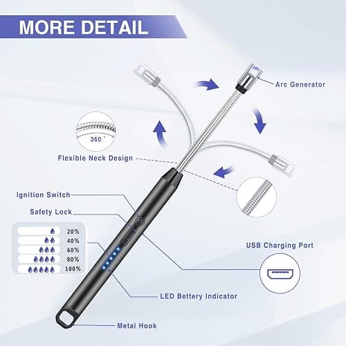 2 PCS Candle Lighter, Electric Lighter Arc Windproof Flameless with 360° Flexible Neck & LED Power Display, Lighters for Candle for BBQ, Grill, Camping, Fireplace, Stove thumbnail 3