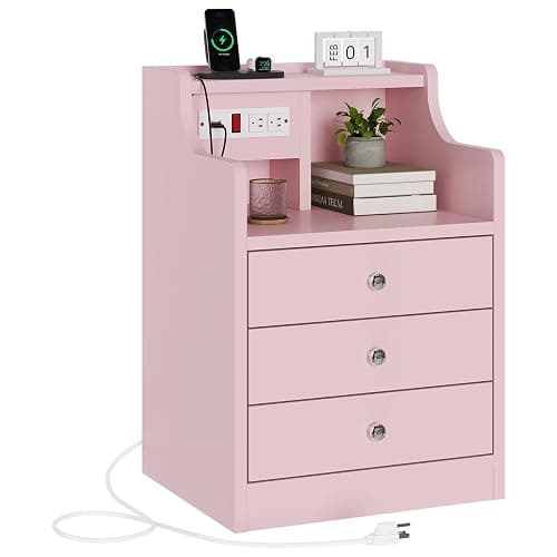 ADORNEVE Night Stand Set 2,Pink Nightstand with Charging Station & Hutch,Night Stands for Bedrooms Set of 2,Bedside Table with Drawers - 2PC - Pink thumbnail 2