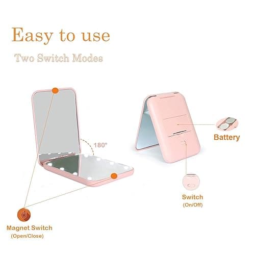 Kintion Pocket Mirror, 1X/3X Magnification LED Compact Travel Makeup Mirror with Light for Purse, 2-Sided, Portable, Folding, Handheld, Small Lighted Mirror for Gift, Pink thumbnail 7