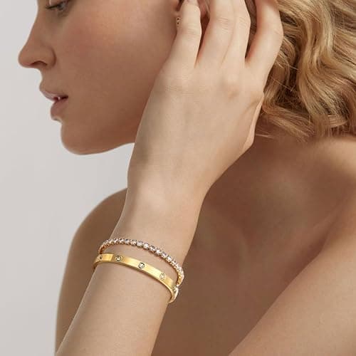 Gold Women Bangle Tennis Bracelet - Stainless Steel Gold Plated Girls Bangle, Dainty 4mm Cubic Zirconia Classic Tennis Bracelets, 17/19cm Jewelry Set Gift for Mother Best Friends thumbnail 2