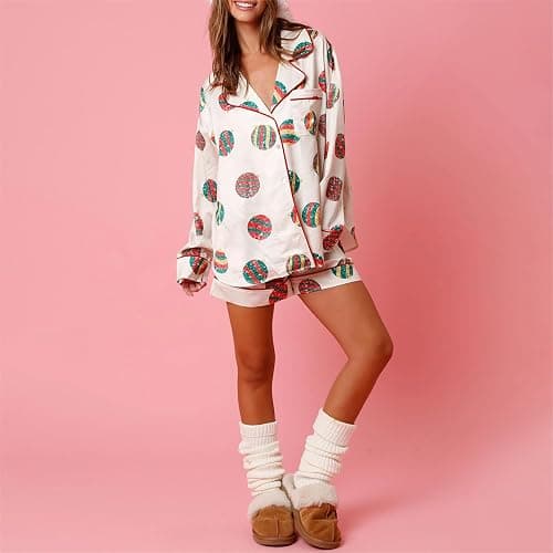 Miqil Women Christmas 2 Piece Pajamas Set Candy Cane Print Long Sleeve Button Up Shirts High Waist Shorts Xmas Loungewear thumbnail 6