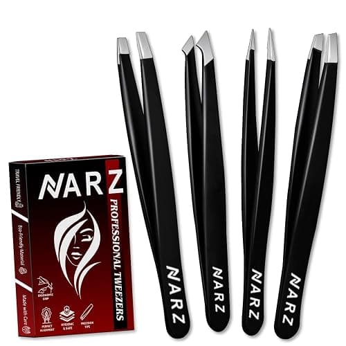 NARZ 4Pcs Professional Twezers for Women Facial Hair Stainless Steel Precision Tweezers for Ingrown Hair Eyebrow Tweezer for Men & Women (Black Set) - Image 1