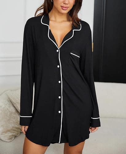 Hagmeu Nightgowns for Women Button Down Sleep Shirts Short Sleeve Nightshirt Boyfriend Nightdress V Neck Pajama Dress S-XXL thumbnail 5