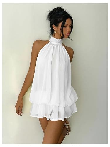 Verdusa Women's Chiffon Halter Drop Waist Wedding Guest Dresses Ruffle Summer Loose Fit Mini Dress Brunch Outfits thumbnail 7