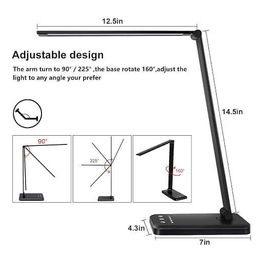 White crown LED Desk Lamp Dimmable Table Lamp Reading Lamp with USB Charging Port, 5 Lighting Modes, Sensitive Control, 30/60 Minutes Timer (Black, First-Generation) thumbnail 5