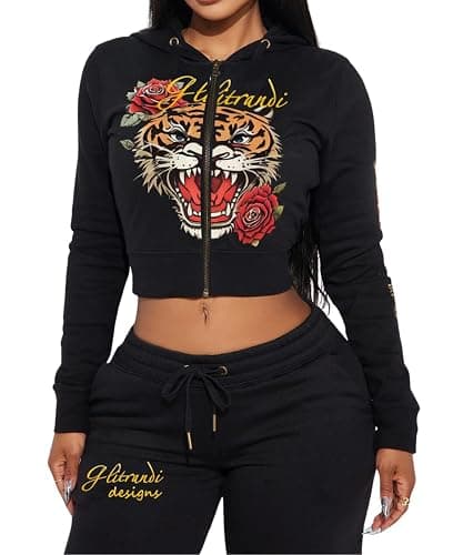 Glitrandi Womens 2 Piece Outfits Fashion Print Cropped Hoodies Jacket Sweatpants With Pockets Tracksuit For Women thumbnail 2