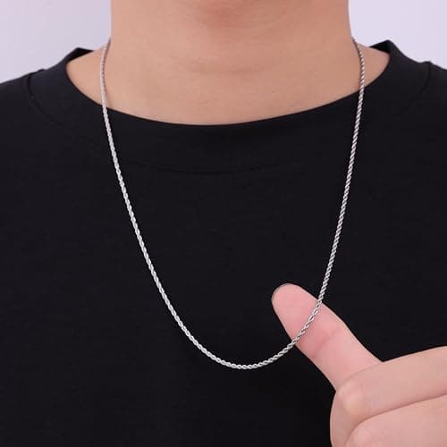 Fiusem 3mm Rope Chain Necklace for Men, Silver Tone Mens Chain Necklace, Stainless Steel Necklace Chain for Men Women, Jewelry Gift thumbnail 4