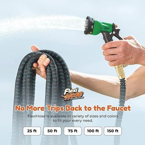 Flexi Hose with 8 Function Nozzle, 50FT - Lightweight Expandable Garden Hose, No-Kink Flexibility, 3/4 Inch Solid Brass Fittings and Double Latex Core - Black and Green thumbnail 2