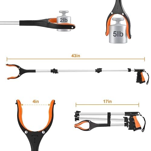 43" Extra Long Grabber Tool, Foldable Grabbers for Elderly Grab It Reaching Tool with Rotating Jaw +Magnets, 4" Wide Claw Opening Reacher Grabber Pickup Tool, Grabber Reacher Tool Heavy Duty thumbnail 2