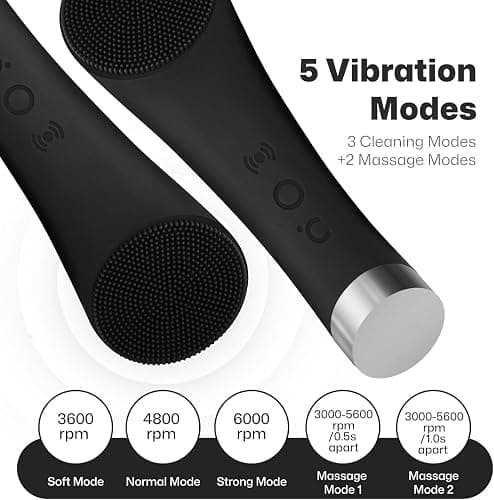PRITECH Facial Cleansing Brush, Rechargeable Silicone Face Scrubber with Heat Massage End, Vibrating Exfoliator Scrubber for Deep Cleaning, Waterproof Face Brush for Women and Men (Black) thumbnail 3